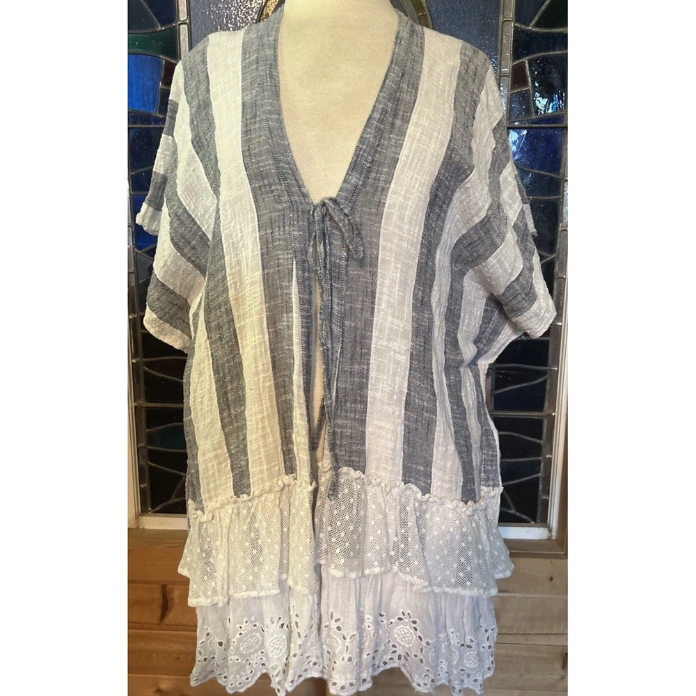 Tienda Ho Cotton Gauze Kimono Layered Eyelet Lace Ruffle Hemline Free Size